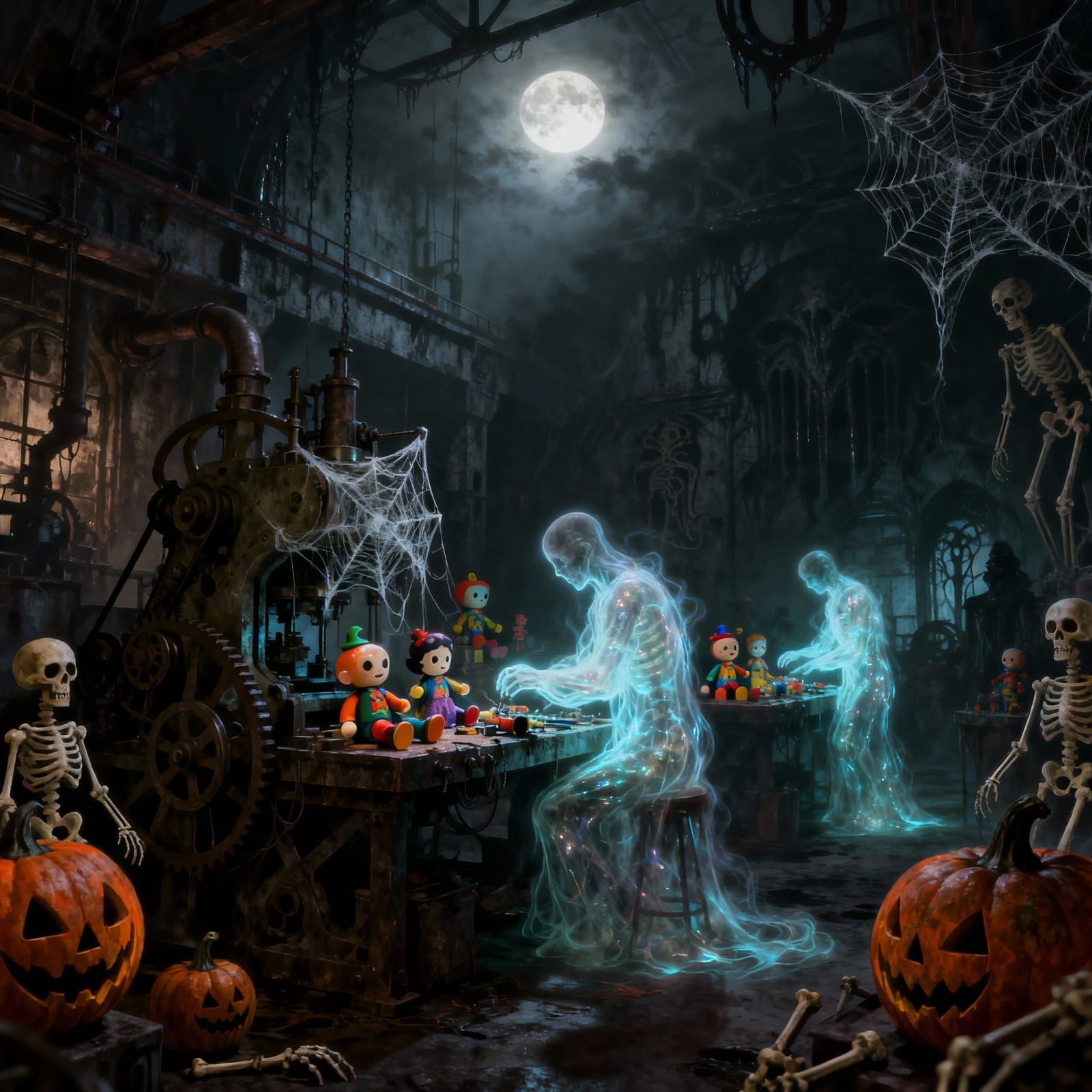 Gothic Haunted Factory with Ghostly Figures