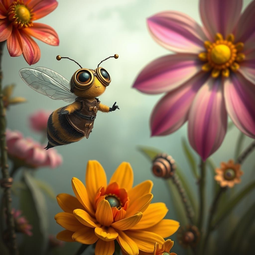 Steampunk Bee Maya Flying to Flower
