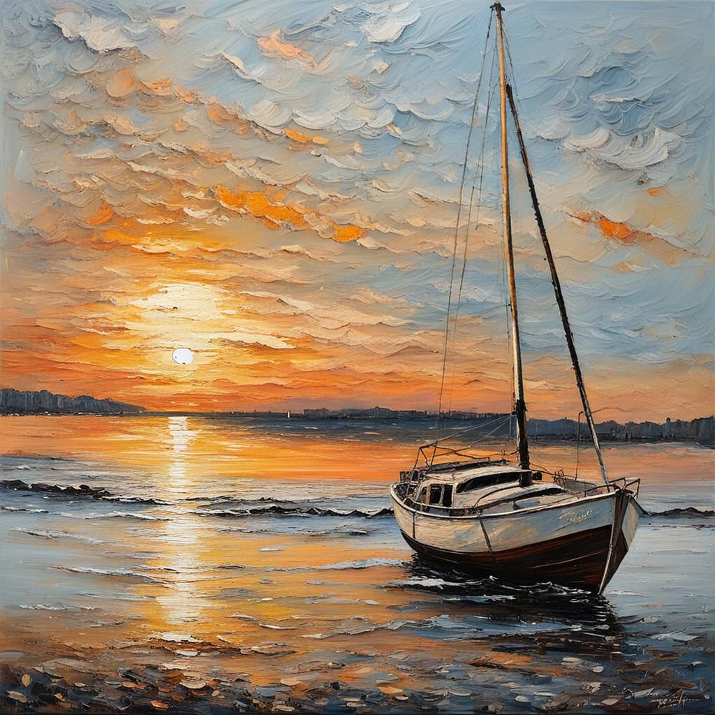 Sunset Sailboat: Impasto Oil Painting with Pastel Colors