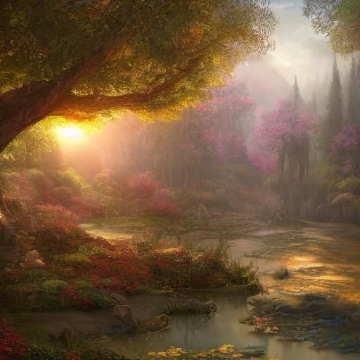 Fantasy Scene with Glass Leaves in Acrylic Style