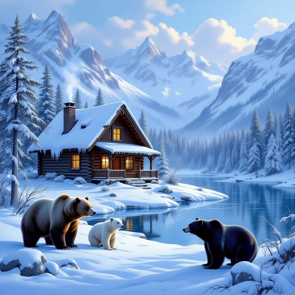 Icy Cabin Watched by Bears in Winter Landscape