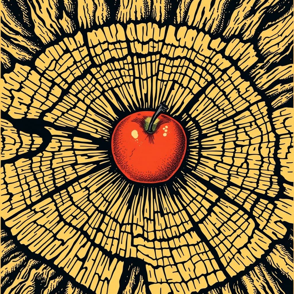 Tree Trunk with Red Apple in Earthy Woodcut Style
