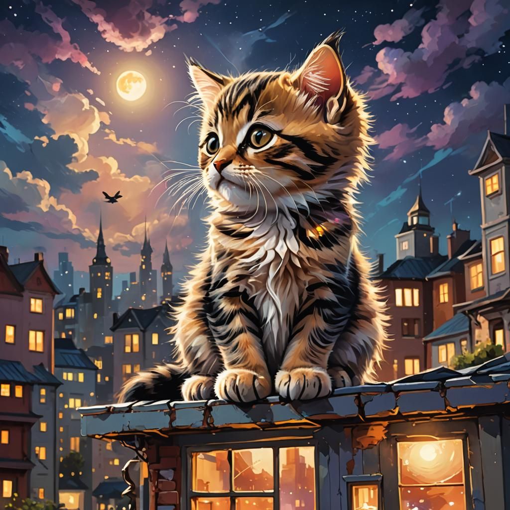 Whimsical Kitten in City at Night Digital Art