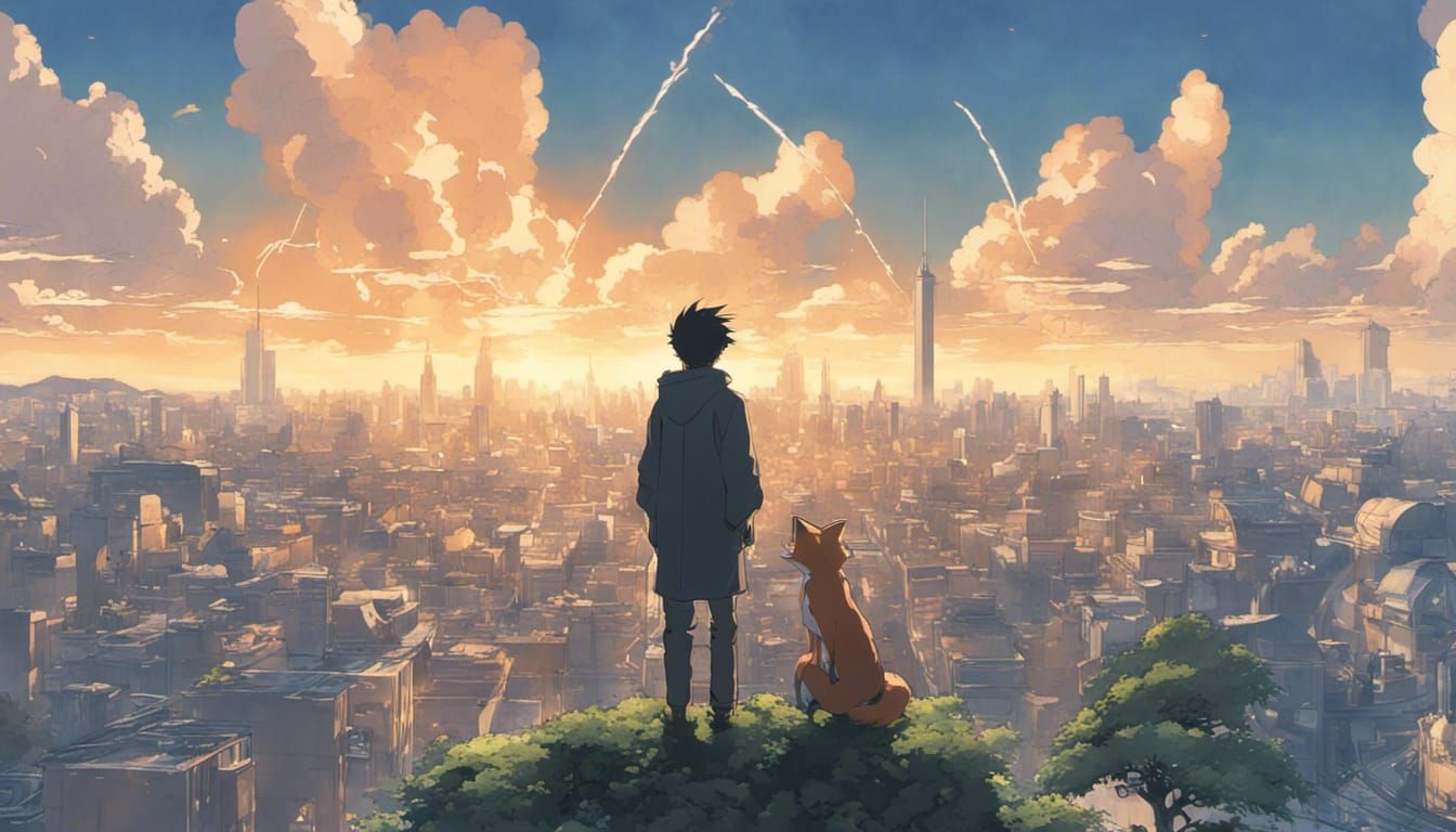 Futuristic Cityscape with Fox, Anime Key Visual