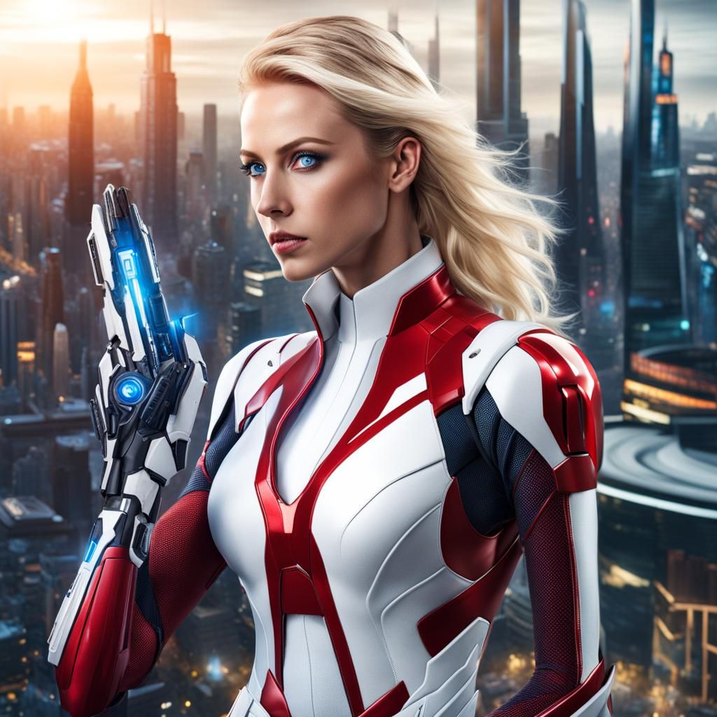 Futuristic Cyborg Woman in Red and White Suit