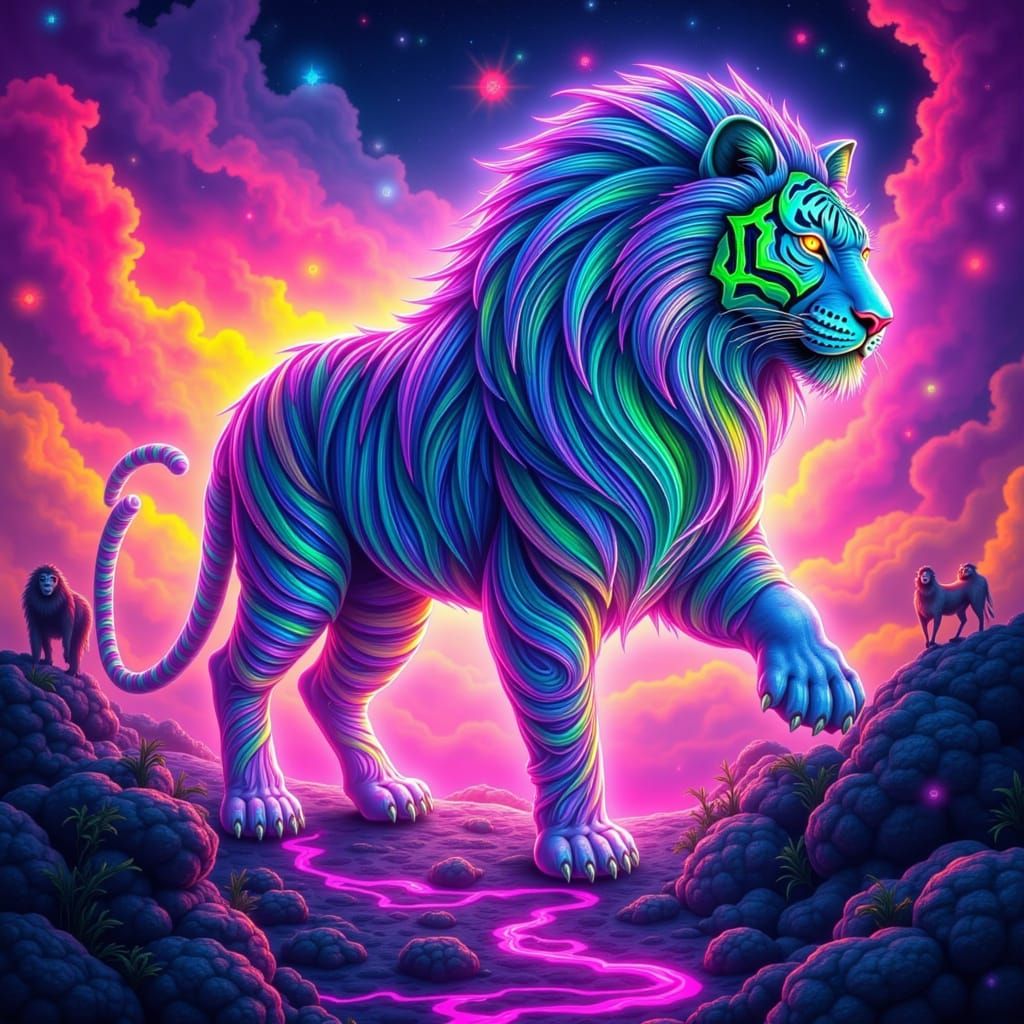 Iridescent Tiger with Astral Patterns in Neon Rainbow
