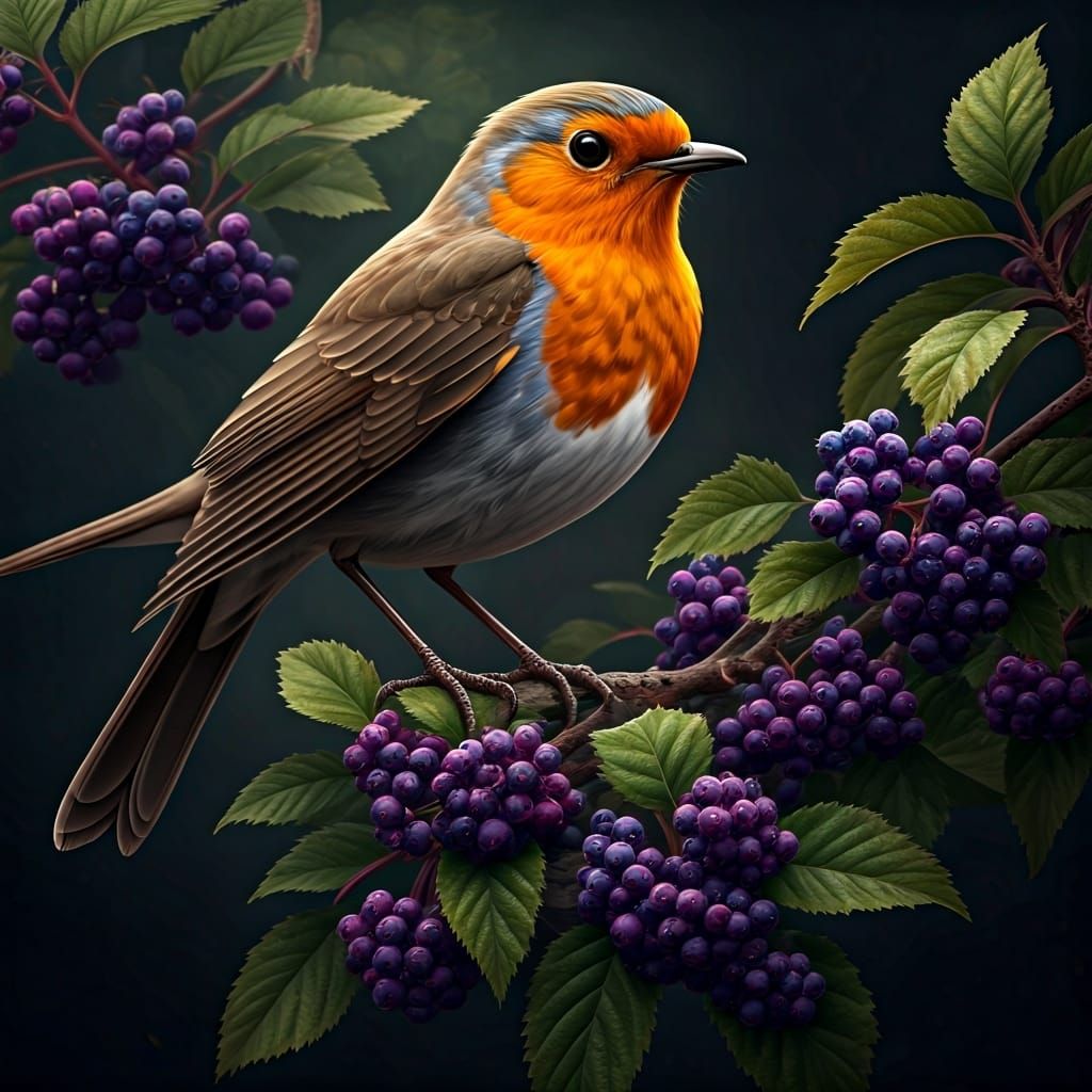 Robin and Berry Bush: Hyperdetailed Dark Fantasy Art