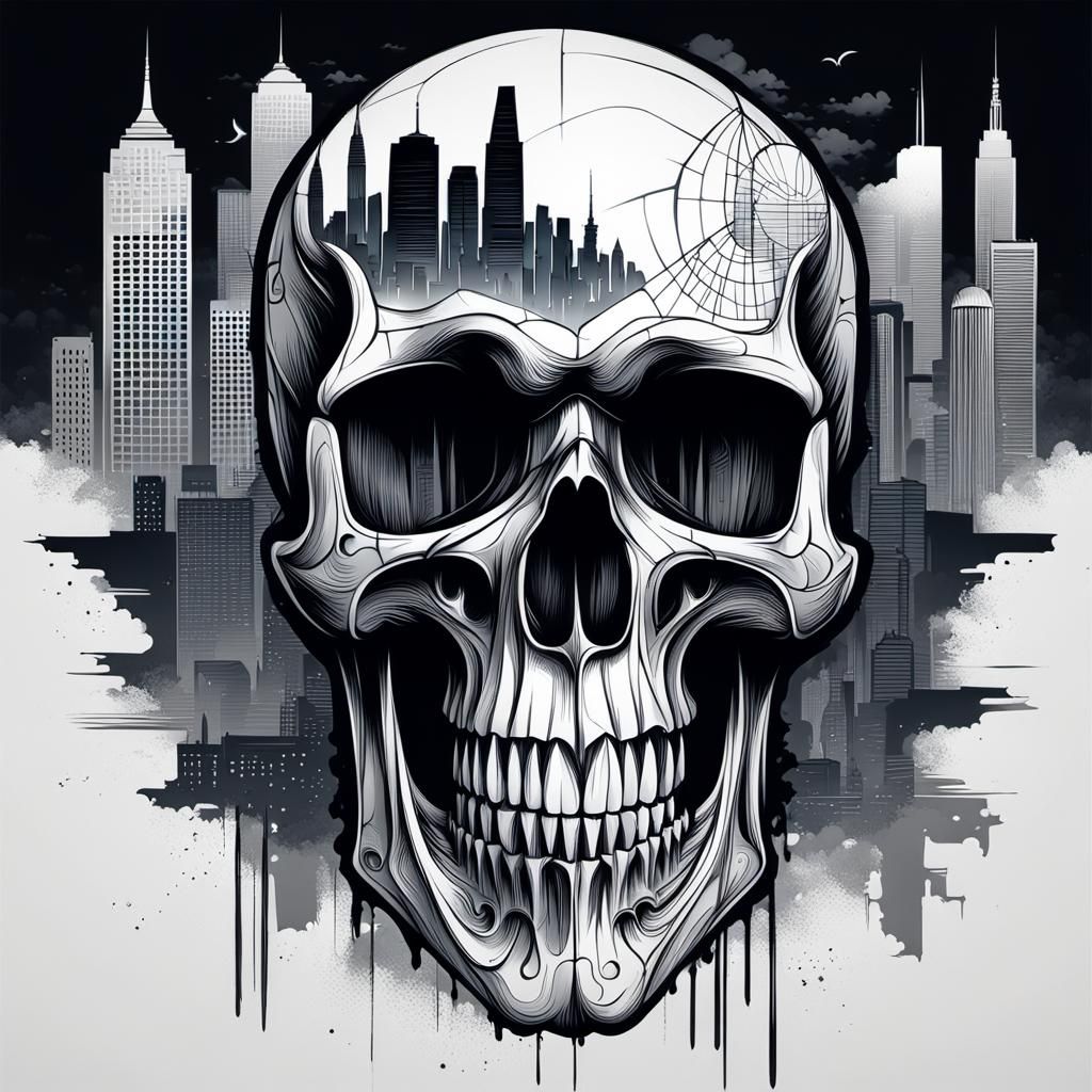 Skull and Cityscape Silhouette as Splash Art
