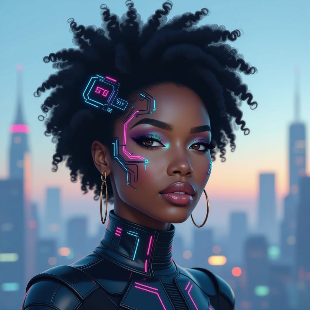 Afrofuturist Woman with Cityscape Face in Digital Art