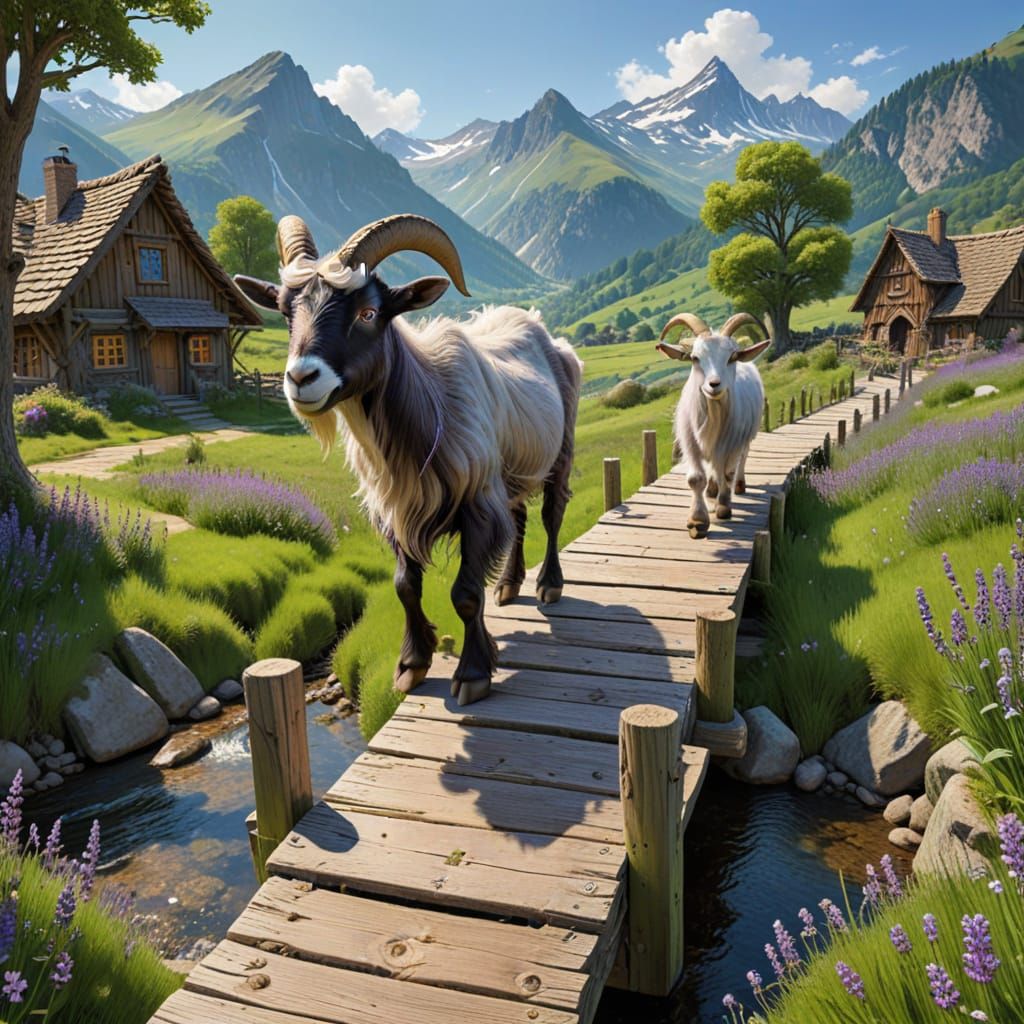 Epic Storybook Scene: 3 Billy Goats Gruff Cross Old Wooden B...