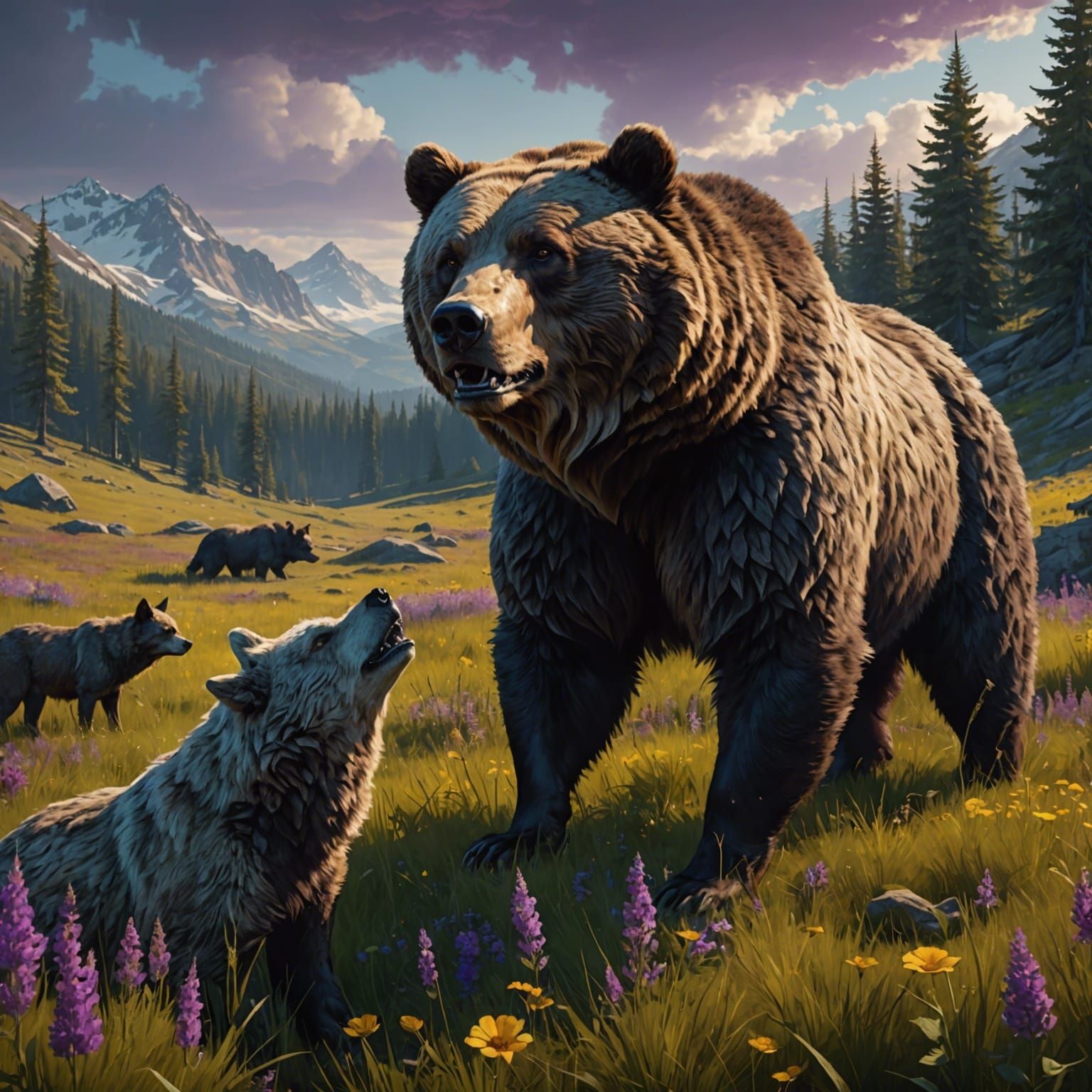 Grizzly Bear and Wolf in Meadow, Fantasy Art