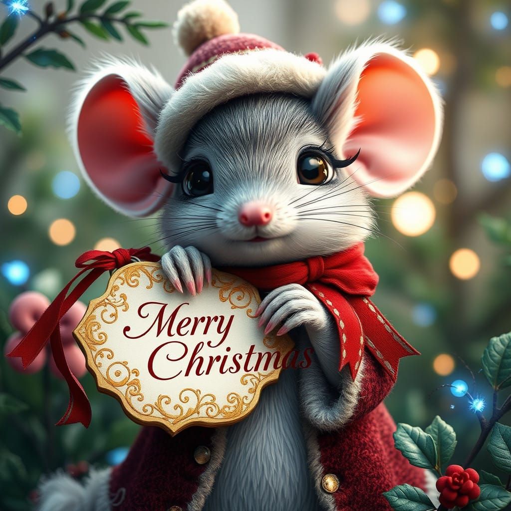 Whimsical Christmas Mouse in Velvet Coat and Hat