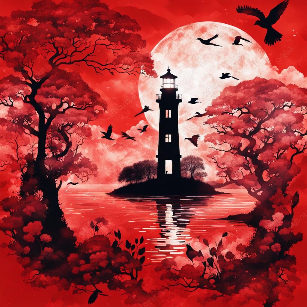 Surreal Lighthouse Double Exposure Ink Art