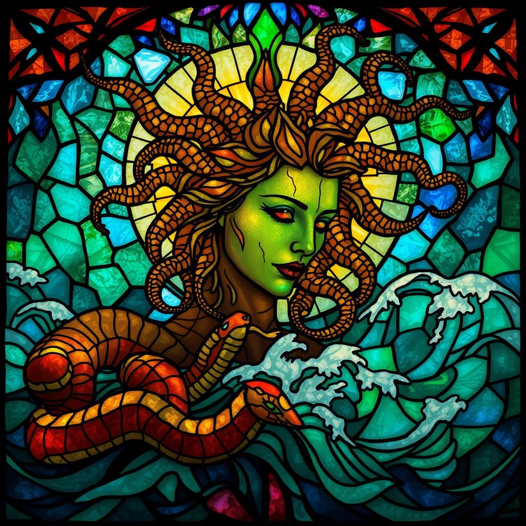 Medusa in Stained Glass Over Turbulent Sea