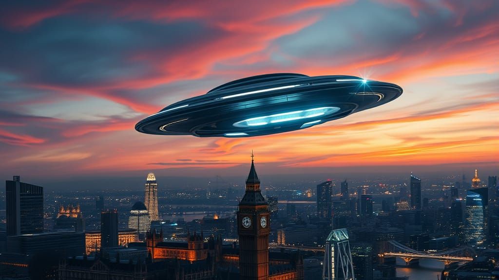 UFO Over London Skyline in 8K Photorealism