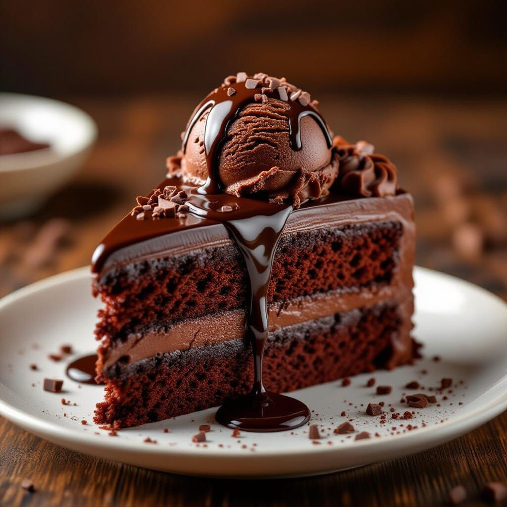 Detailed Chocolate Cake with Ice Cream and Fudge