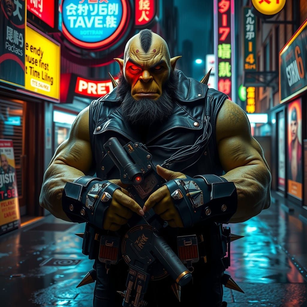 Cybernetic Orc in Gritty Urban Landscape