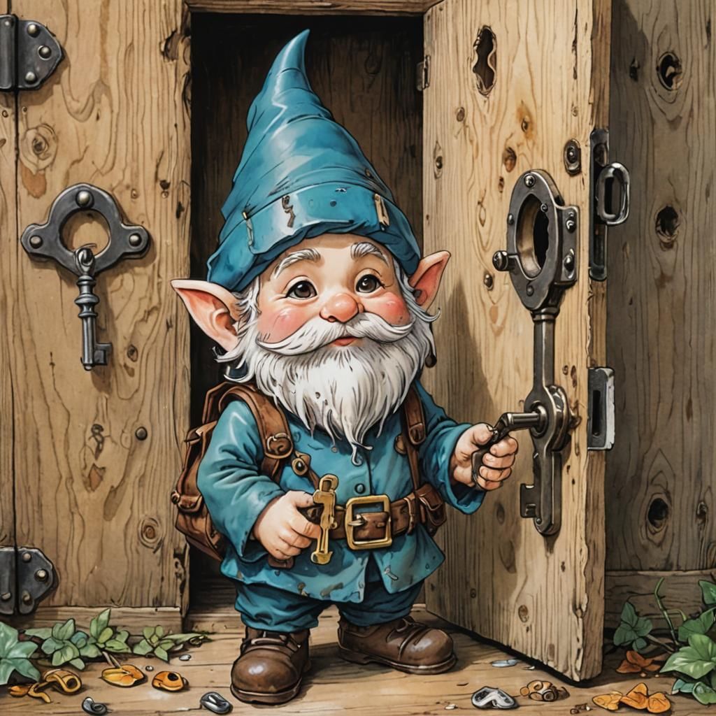 Gnome Locksmith and Giant Key, in Anime Aquarelle Style