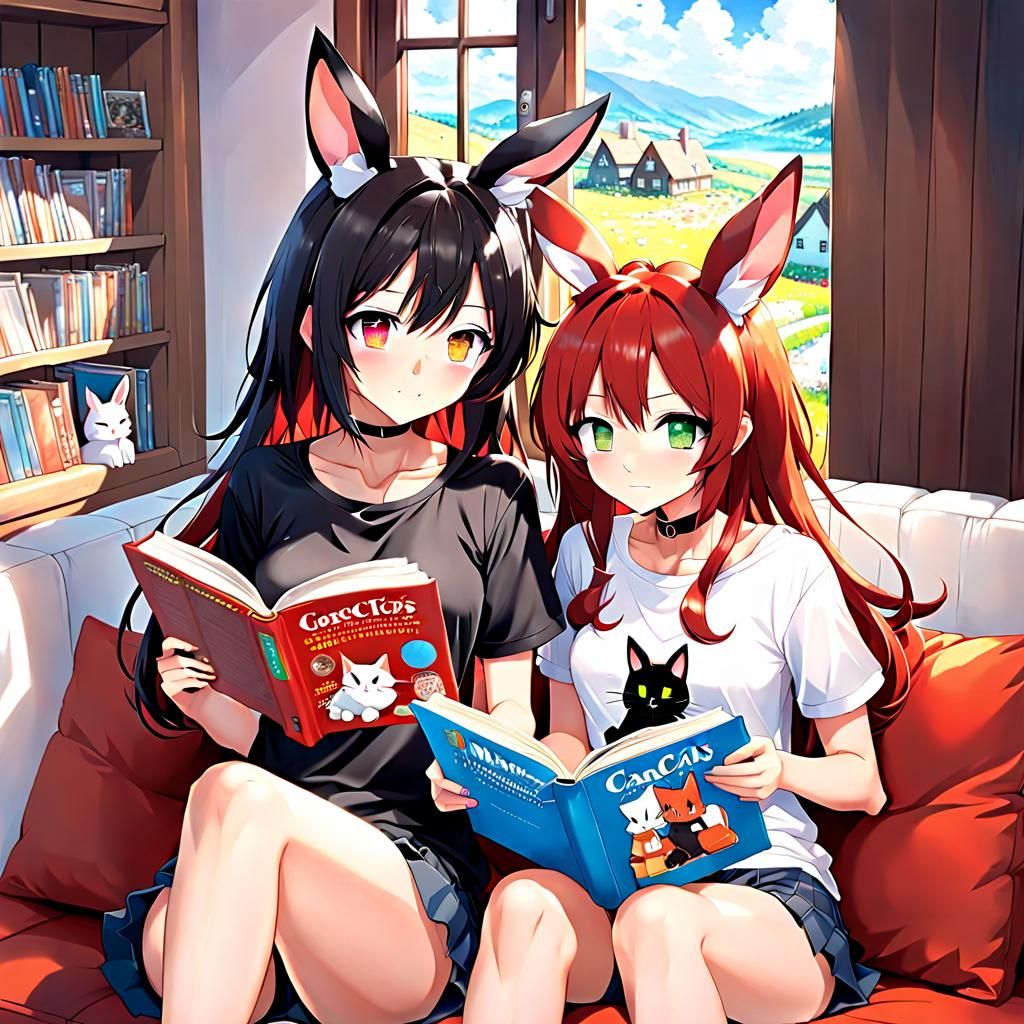 Anime Girls Reading Manga in Cozy Cottage