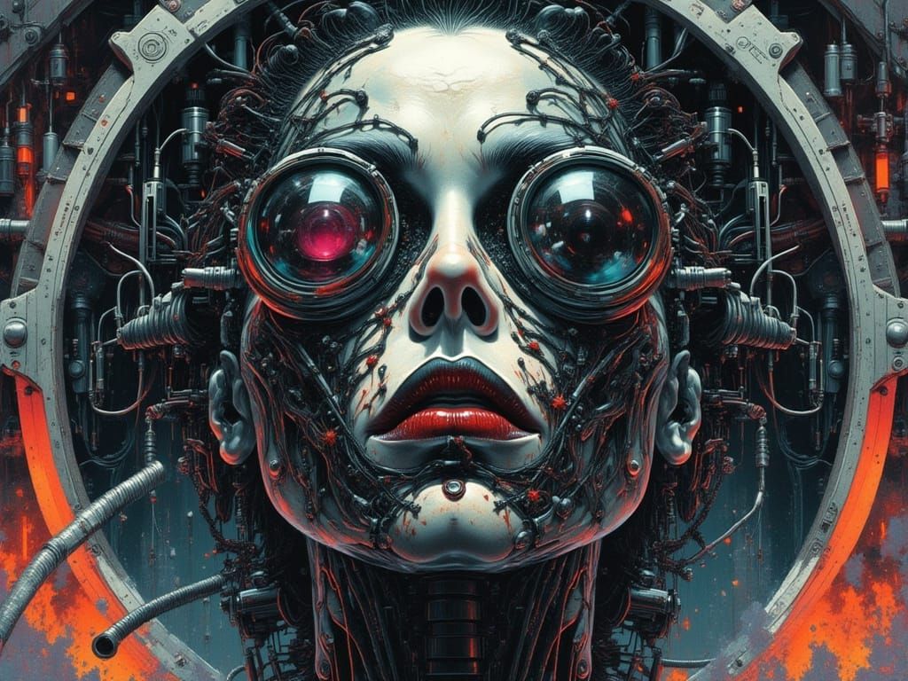 Surreal Biopunk Cyborg Woman in Dark Acrylic Style