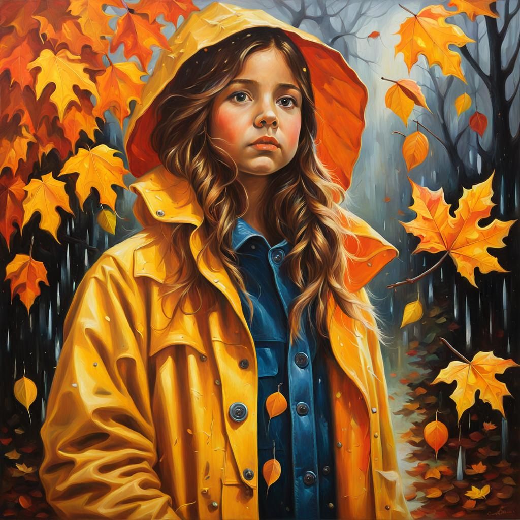 Girl in Yellow Raincoat Autumn Oil Painting