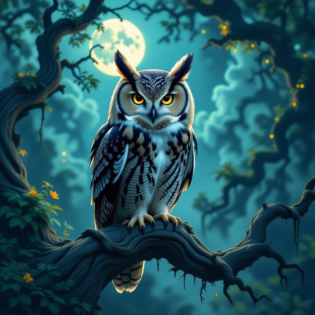 Majestic Owl on Ancient Branch in Mystical Forest