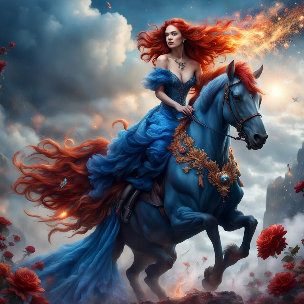 Woman Rides Mythical Creature in a Fantasy Landscape