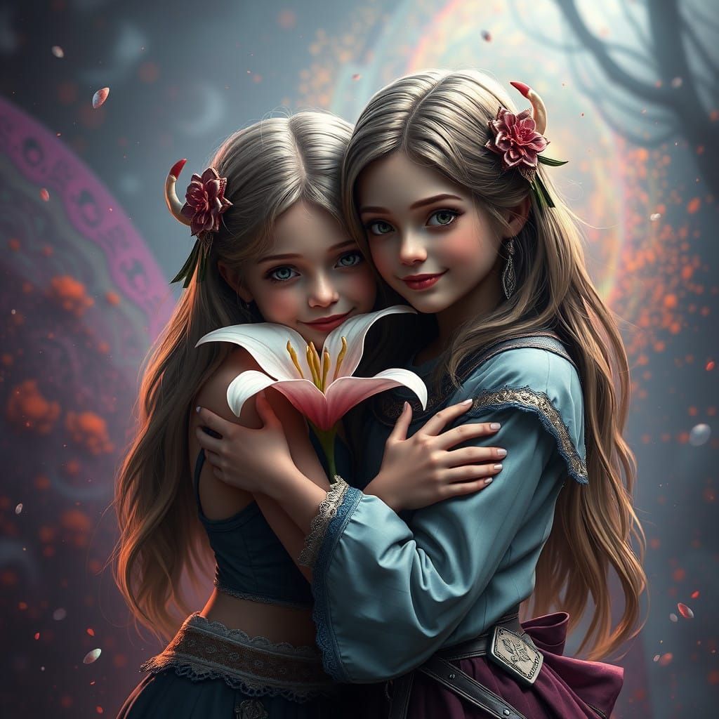Sisters Unite in Whimsical Fantasy Hug
