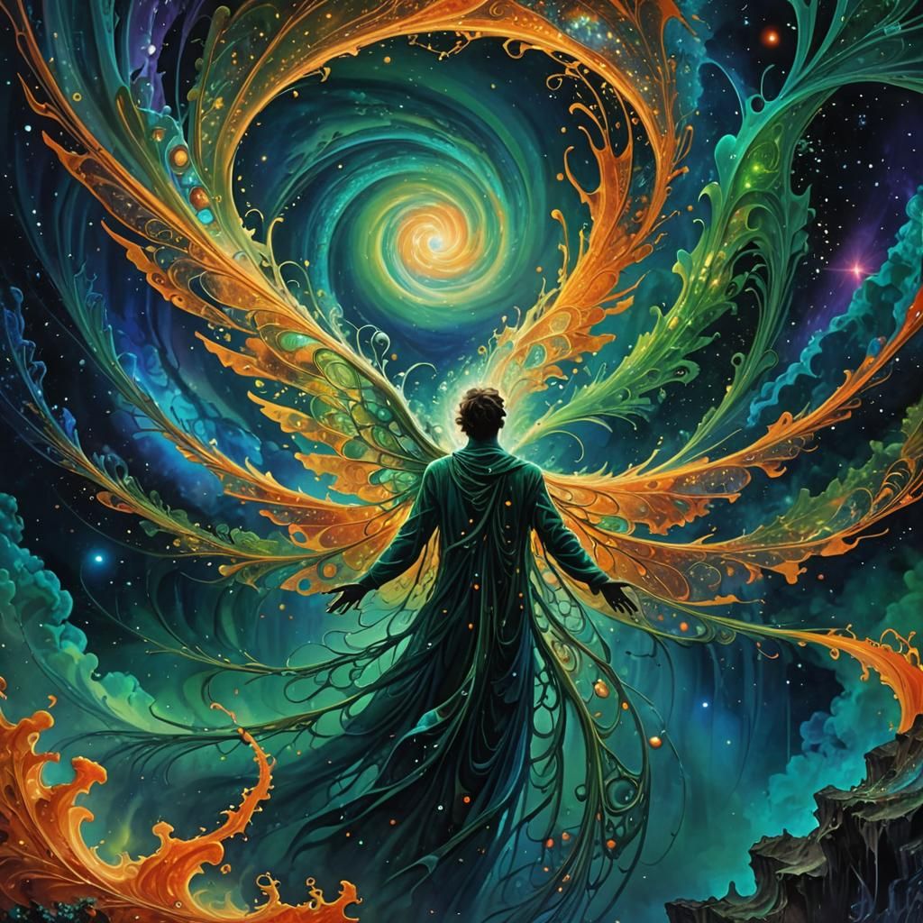 Surreal Dreamscape: Iridescent Being in Fractal Galaxy