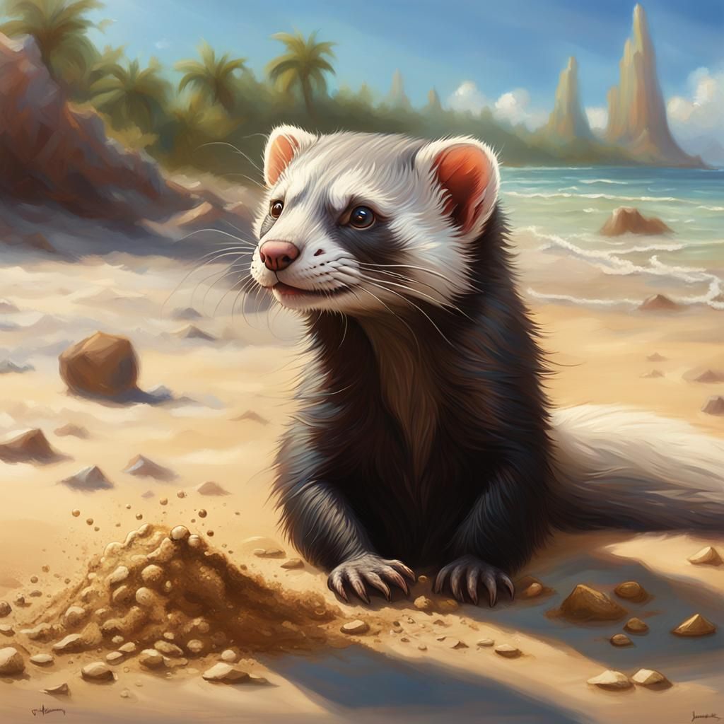 Fluffy Ferret's Beach Day: Oil Painting