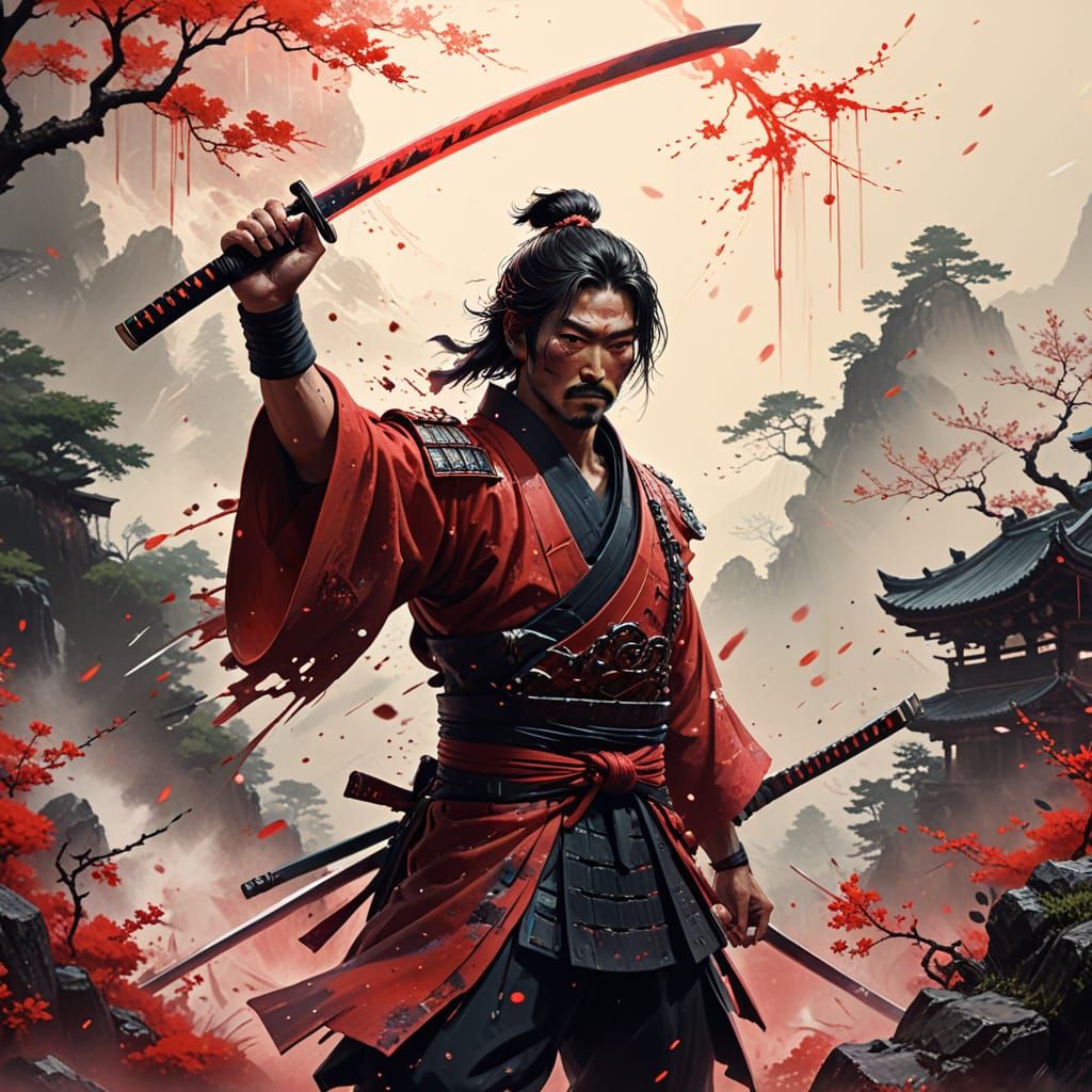 Ethereal Red Samurai Wields Katana in Epic Battle