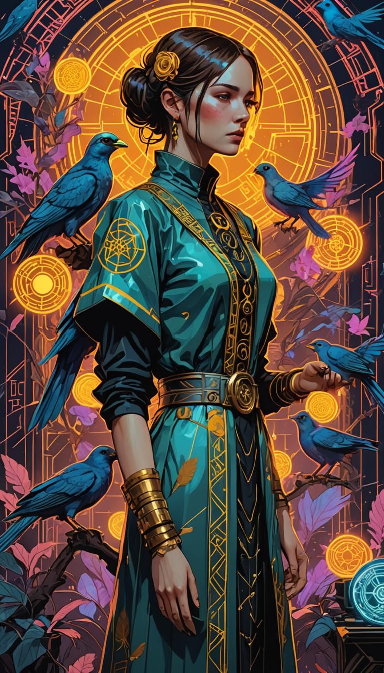 Nine of Pentacles Tarot Card in Cyberpunk Style