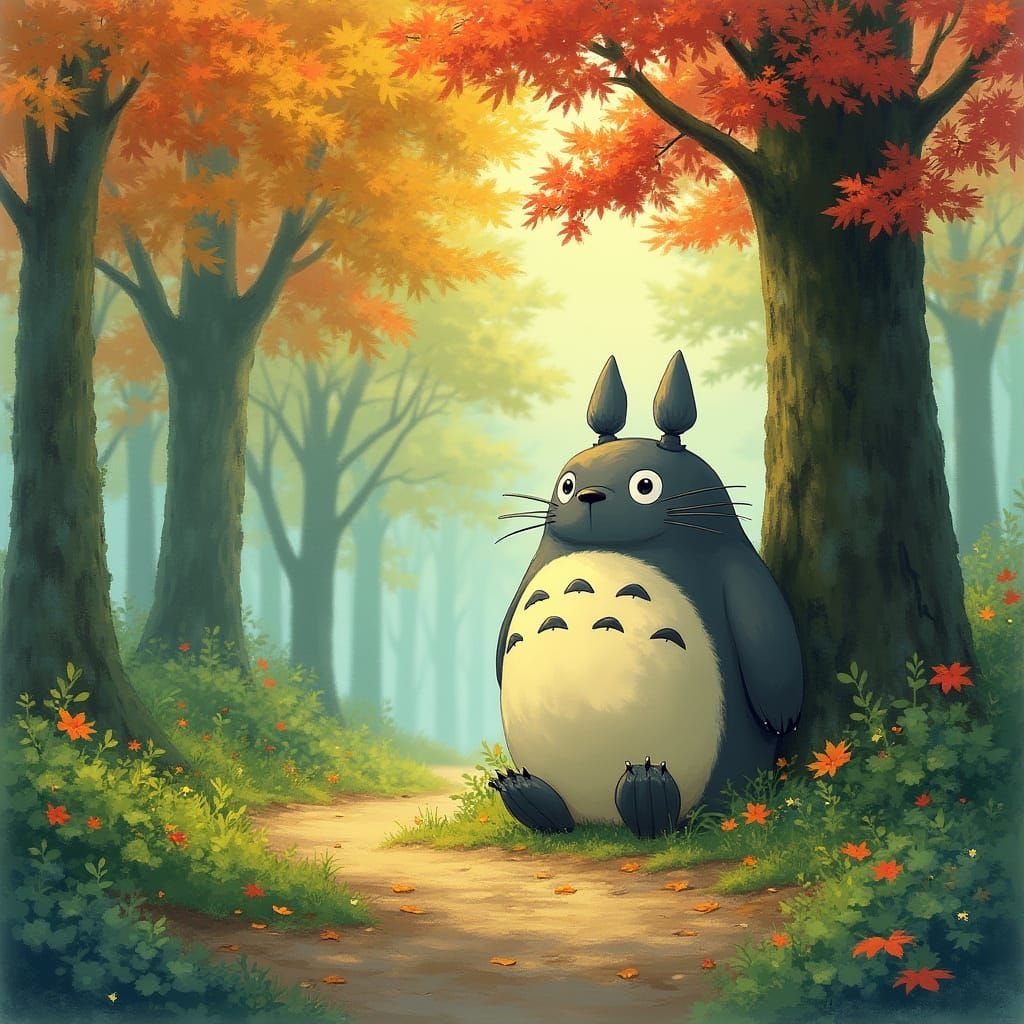 Whimsical Totoro in a Japanese Forest Landscape