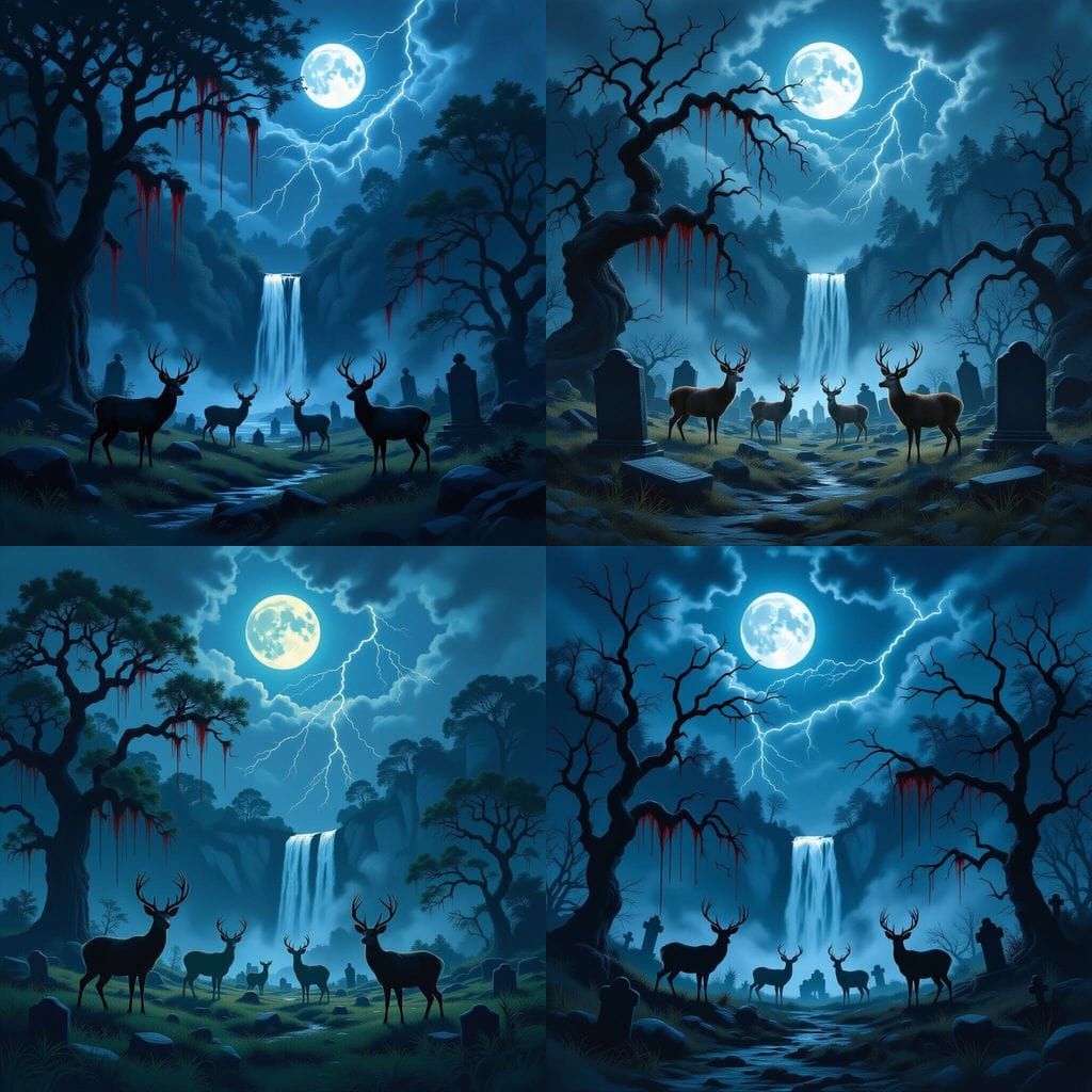 Gothic Graveyard with Deer, Waterfall and Blood Trees
