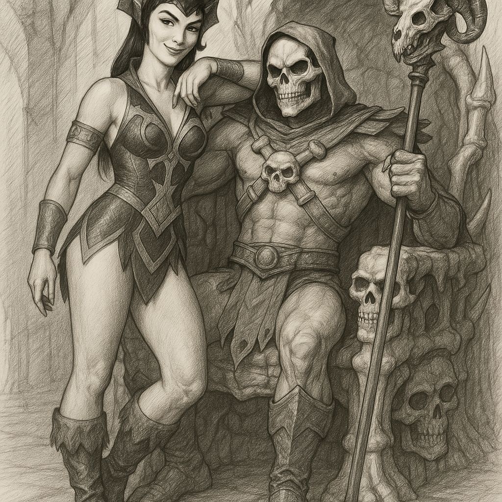 Evil-Lyn and Skeletor on Throne: 1980s Cartoon Style