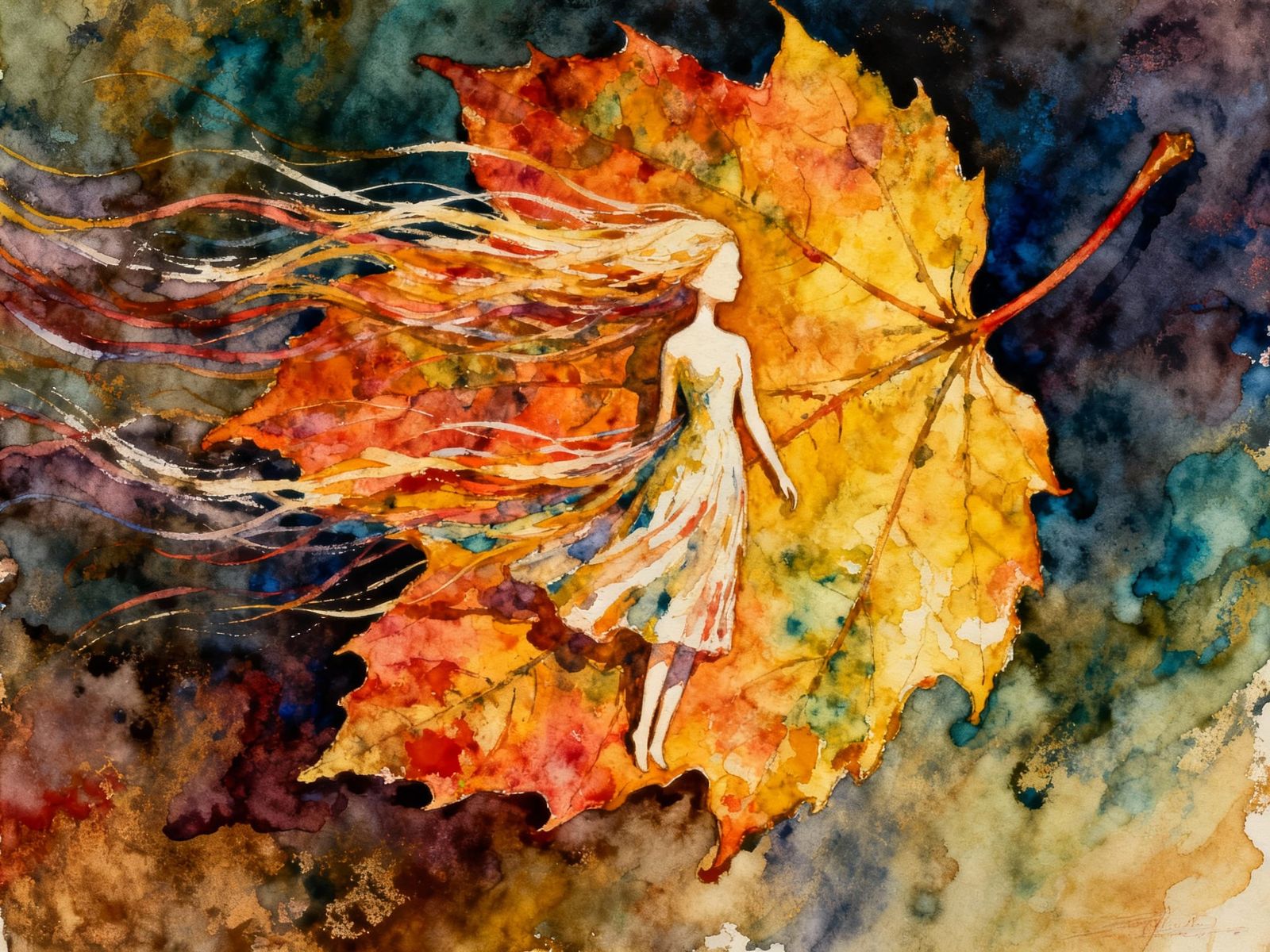 Autumn Leaf Woman Figure in Dramatic Windy Landscape