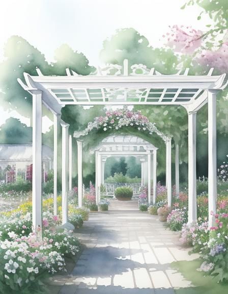 Watercolor Pergola in a Cottage Garden