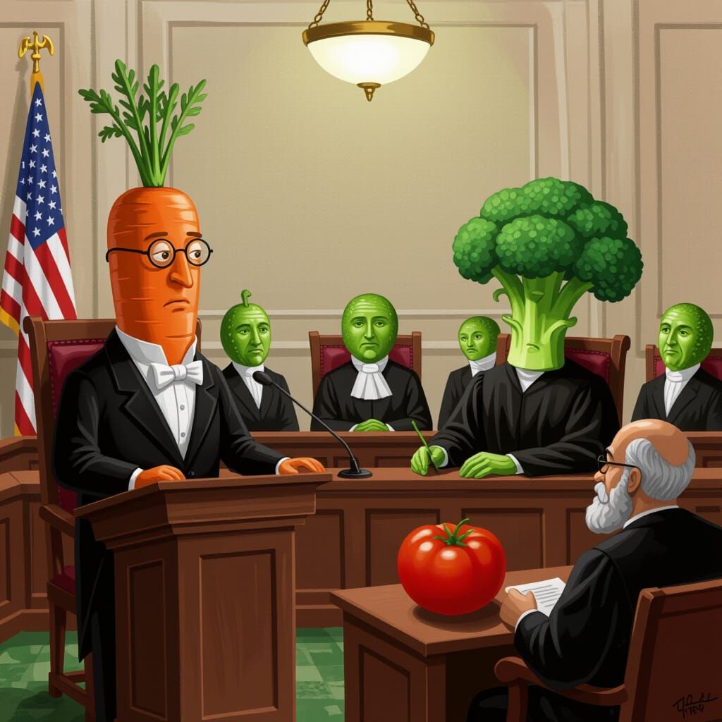 Vegetables Debate Philosophy in Surreal Courtroom