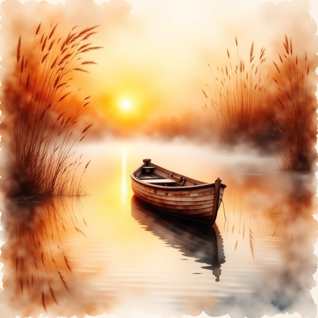 Watercolor Landscape at Sunset with Boat