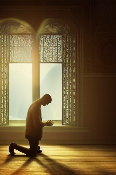 Man in Prayer, Morning Light, Matte Painting