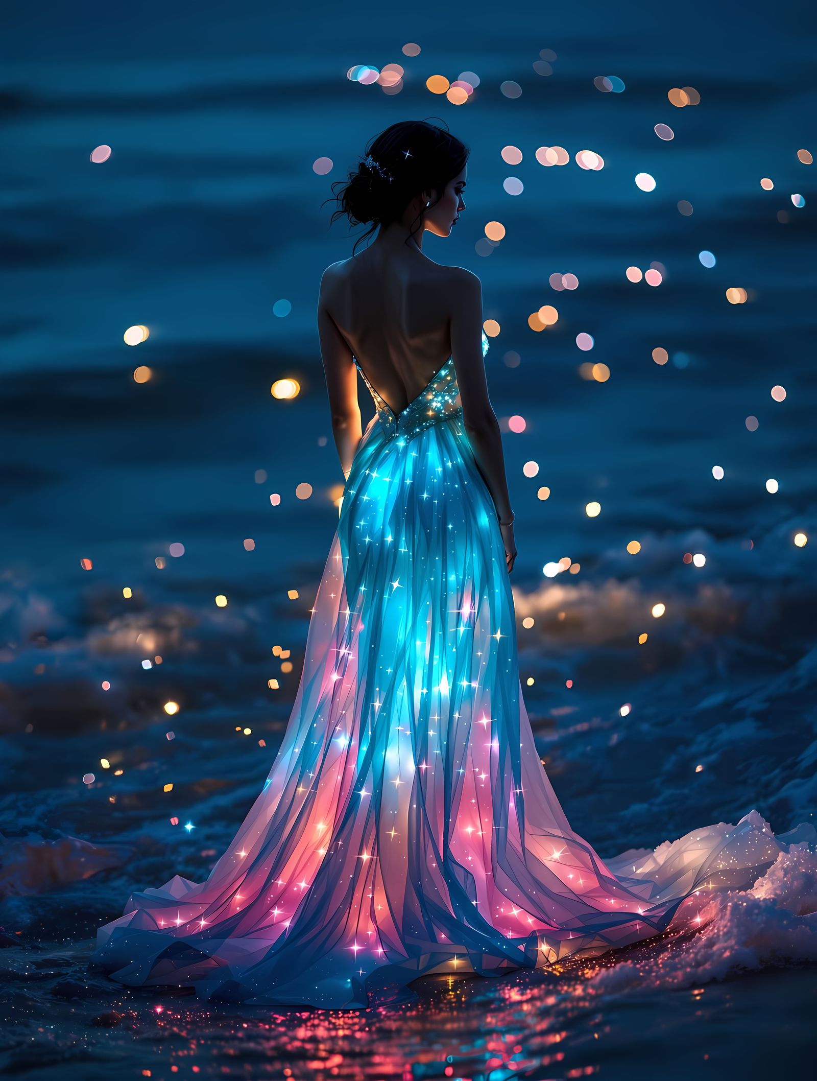 Dreamlike Twilight Coastal Scene with Glowing Sea and Soft F...