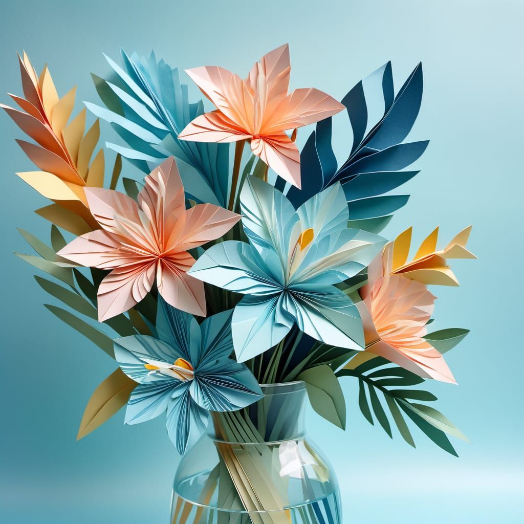 Tropical Paper Flower Bouquet in Origami Art Style