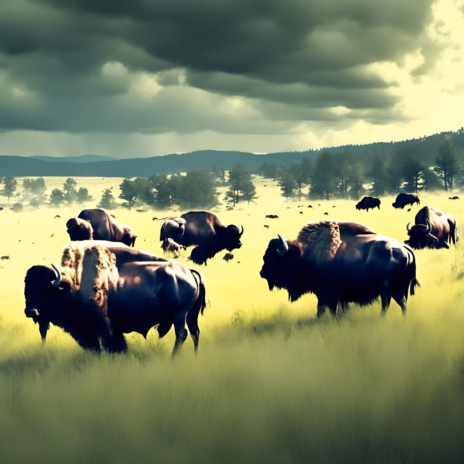 Wild Buffalo Grazing in the Black Hills