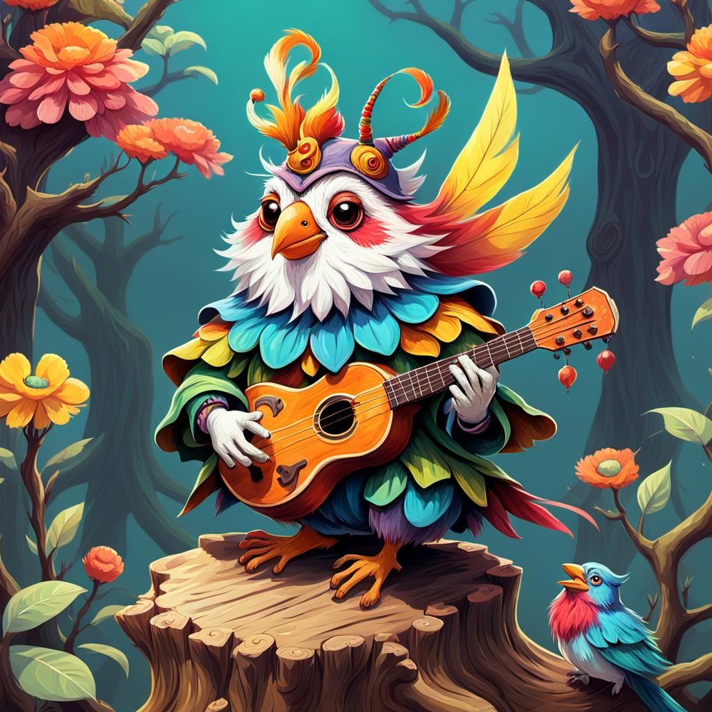 Finch Jester with Lute in Miyazaki Style