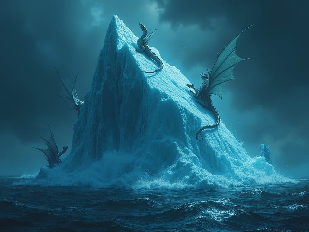 Iceberg Dragons in Luminescent Ocean, Dark Fantasy Style