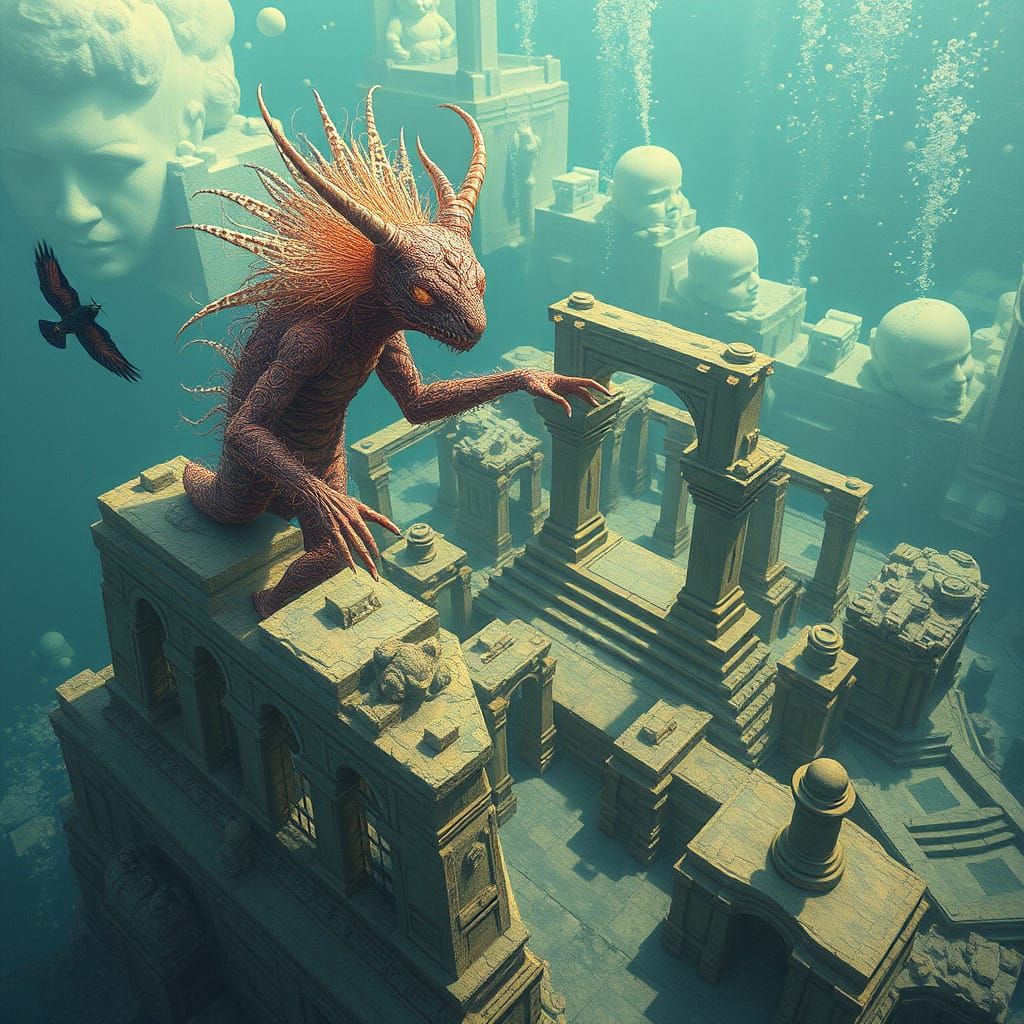 Surreal Cyberpunk Gnome Explores Underwater Ruins in a Futur...