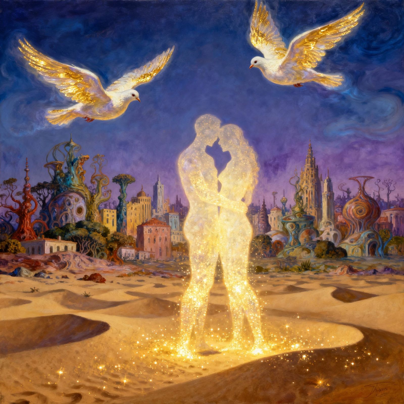 Surreal Cityscape with Peace Doves and Soulmates in Golden L...