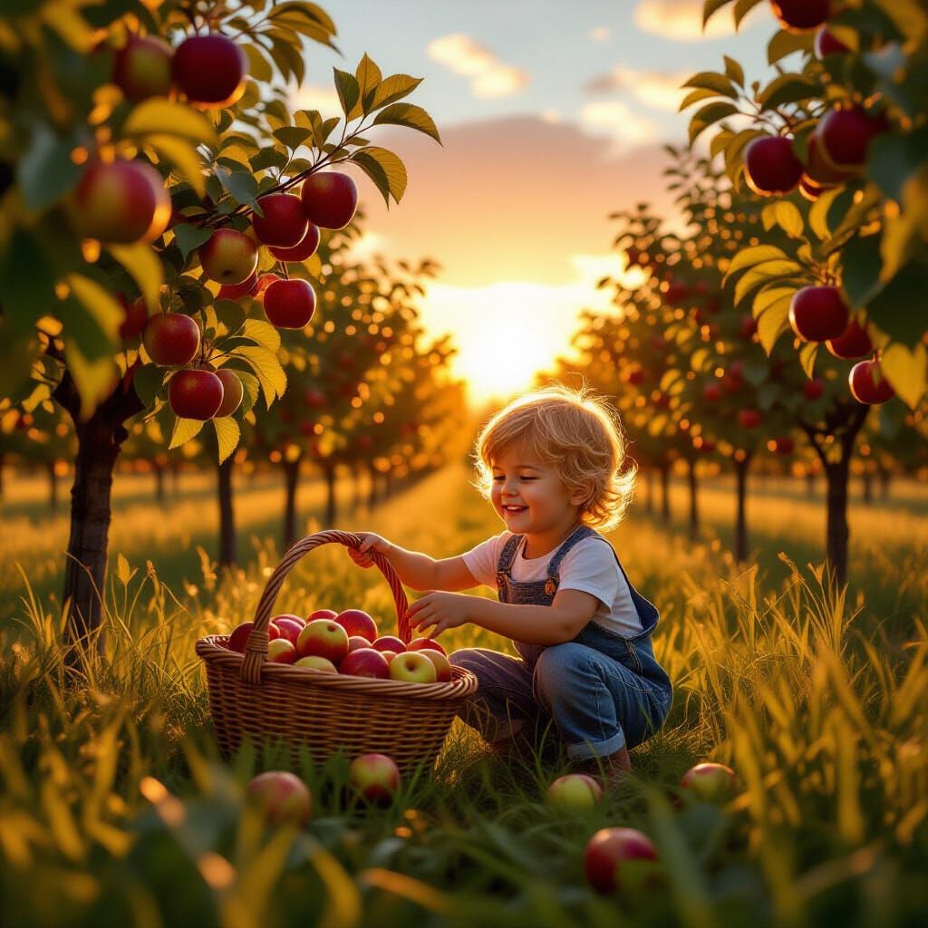 Child Picking Apples at Harvest Sunset in Cinematic 3D Style