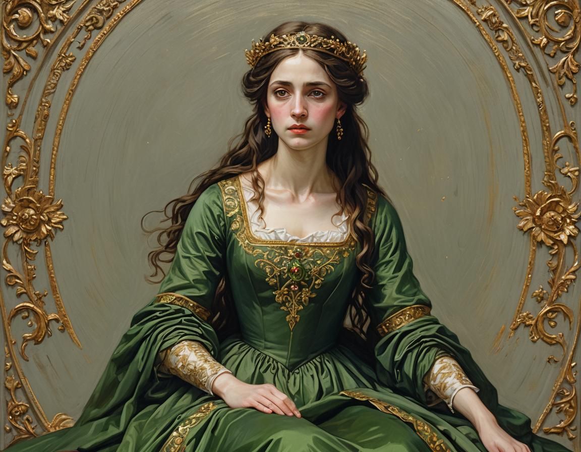 Pale Woman in Green Dress: Renaissance Oil Painting