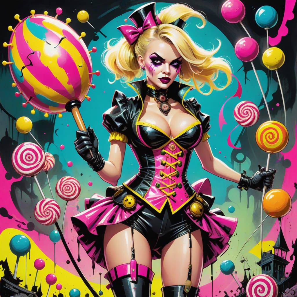 Candy Villainess with Lollipop Axe in Steampunk Style